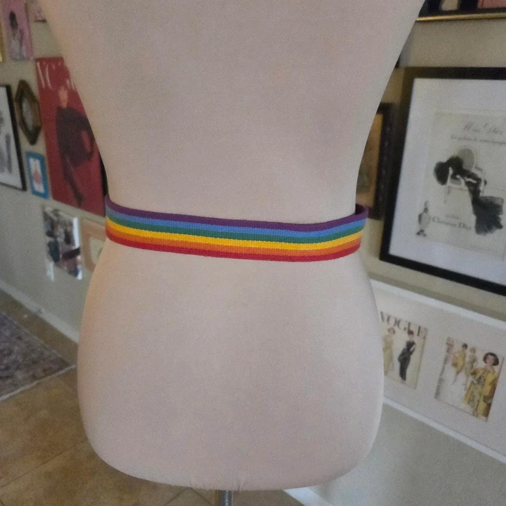 Rainbow‎ Striped Web Belt with Rhinestone Flip Top Buckle 90s Pride Accessory